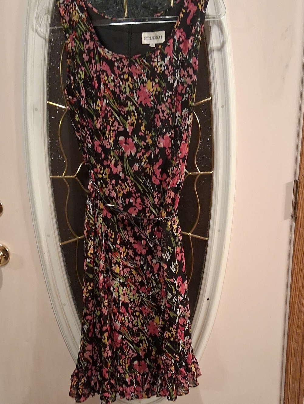 Studio I Black Floral Midi Dress with Pink & Green Accents